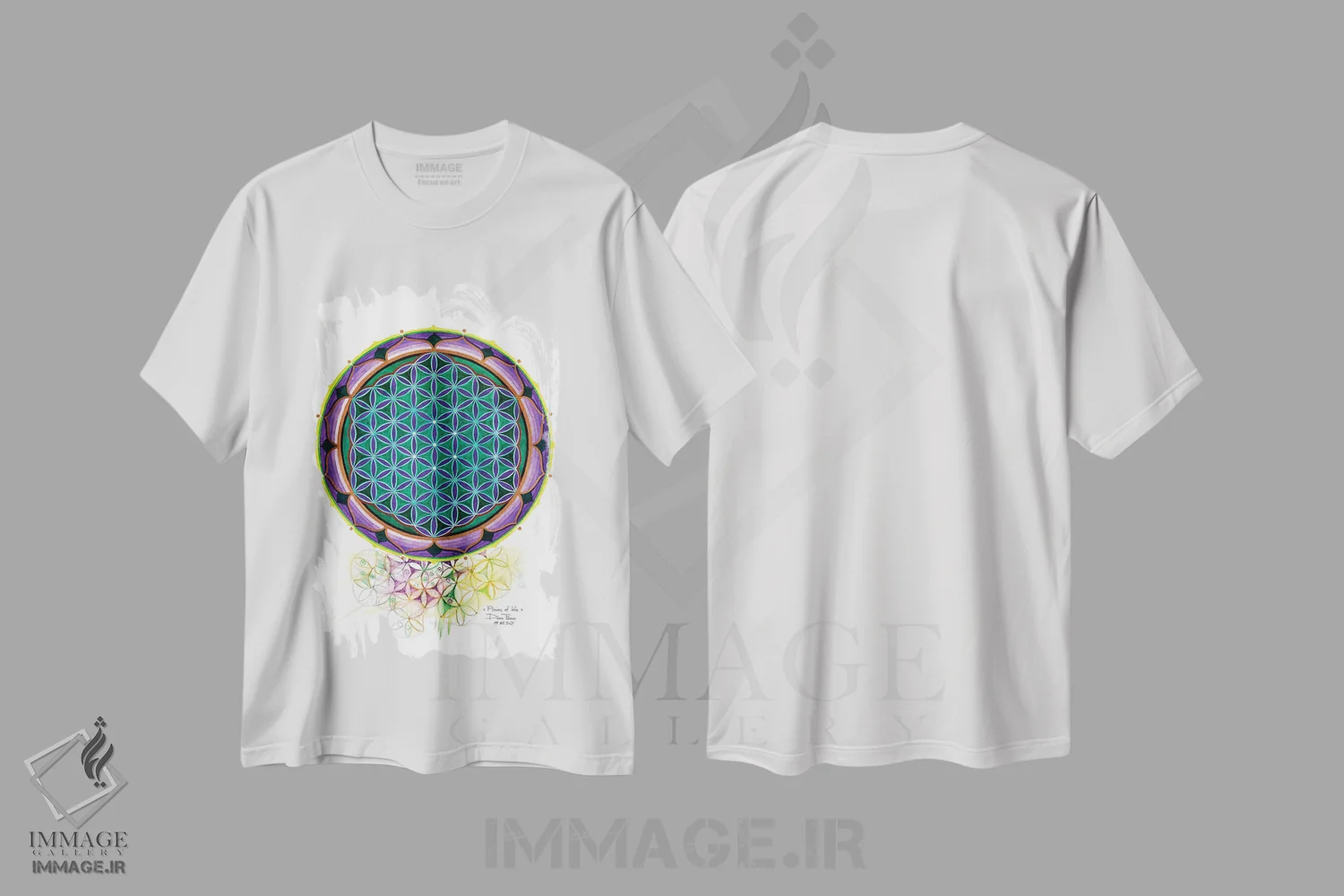 تیشرت سفید طرح دار گل زمردین زندگی، آبستره اثر دیانا تیتووا | فروشگاه ایماژ