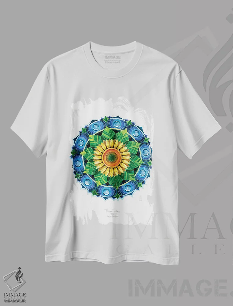 تیشرت سفید طرح دار مندالای آفتابگردان، آبستره اثر دیانا تیتووا | immage.ir