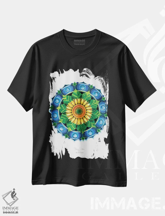 تیشرت مشکی طرح دار مندالای آفتابگردان، آبستره اثر دیانا تیتووا | فروشگاه ایماژ