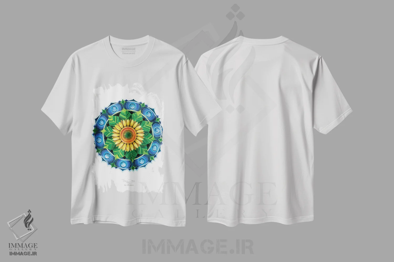 تیشرت سفید طرح دار مندالای آفتابگردان، آبستره اثر دیانا تیتووا | immage.ir