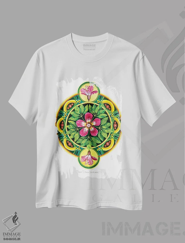 تیشرت سفید طرح دار مندالای سیبا، هنر فاخر معاصر اثر دیانا تیتووا | فروشگاه ایماژ