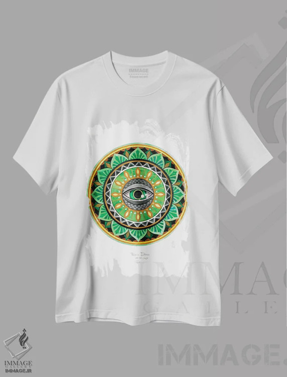 تیشرت سفید طرح دار چشم زمردین، آبستره اثر دیانا تیتووا | فروشگاه ایماژ