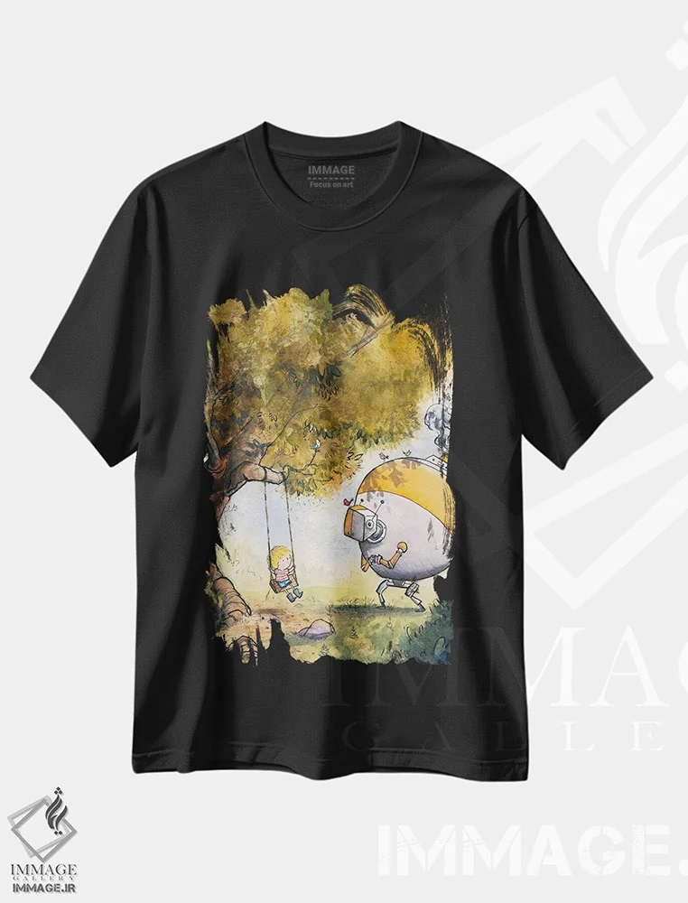 تیشرت مشکی طرح دار پسر و ربات، مدیوم اثر دن تاویس | فروشگاه ایماژ