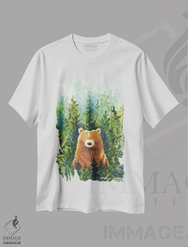 تیشرت سفید طرح دار جنگل خرس قهوه ای، مدیوم اثر دن تاویس | فروشگاه ایماژ