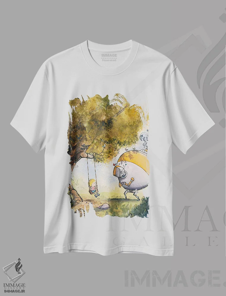 تیشرت سفید طرح دار پسر و ربات، مدیوم اثر دن تاویس | immage.ir