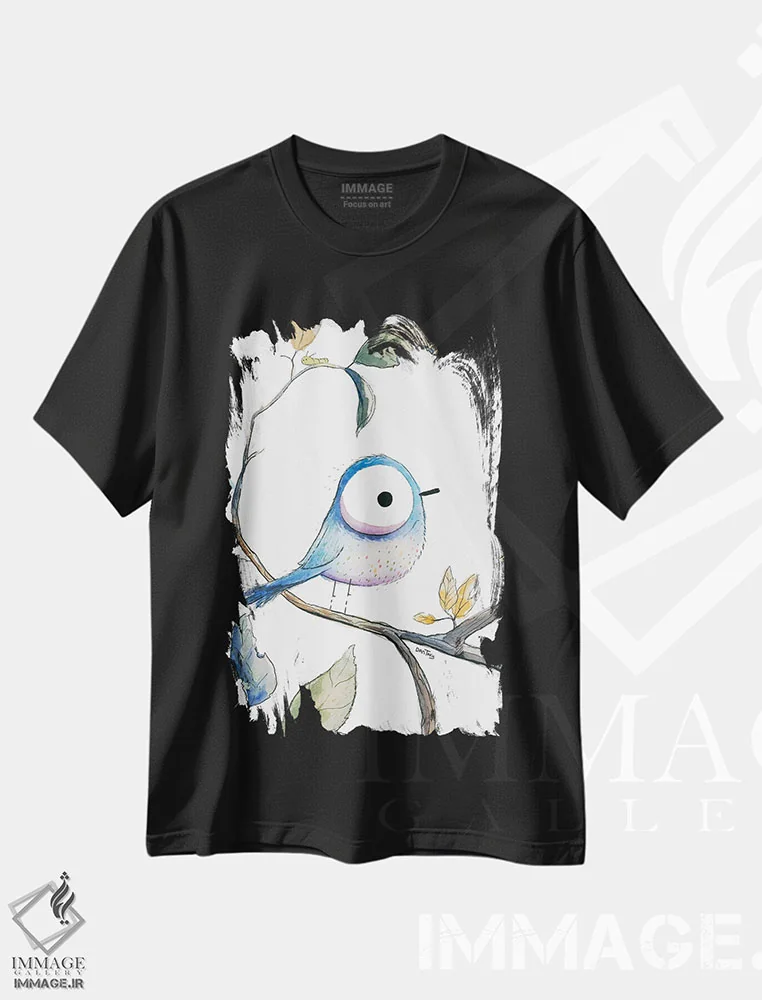 تیشرت مشکی طرح دار نگاه پرنده آبی، مدیوم اثر دن تاویس | فروشگاه ایماژ