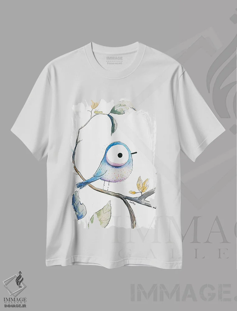 تیشرت سفید طرح دار نگاه پرنده آبی، مدیوم اثر دن تاویس | immage.ir