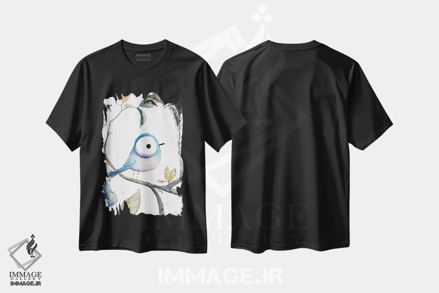 تیشرت مشکی طرح دار نگاه پرنده آبی، مدیوم اثر دن تاویس | فروشگاه ایماژ