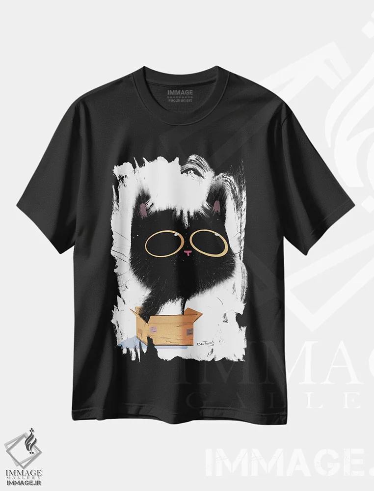 تیشرت مشکی طرح دار گربه در جعبه، دکور معاصر اثر دن تاویس | فروشگاه ایماژ