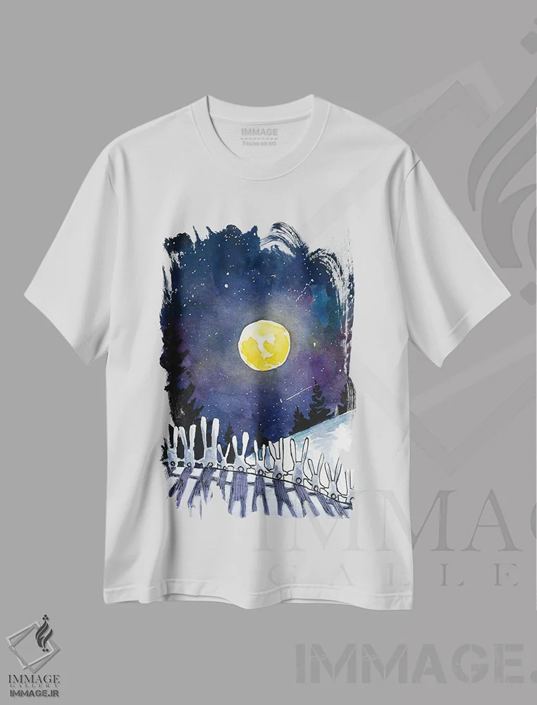 تیشرت سفید طرح دار خرگوش های شب مهتابی، دکور معاصر اثر دن تاویس | فروشگاه ایماژ