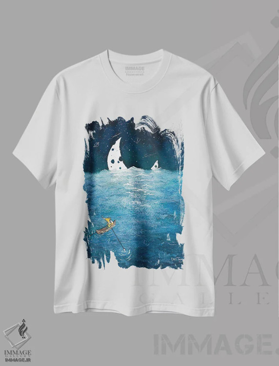 تیشرت سفید طرح دار دنبال ماه دویدن، مدیوم اثر دن تاویس | immage.ir