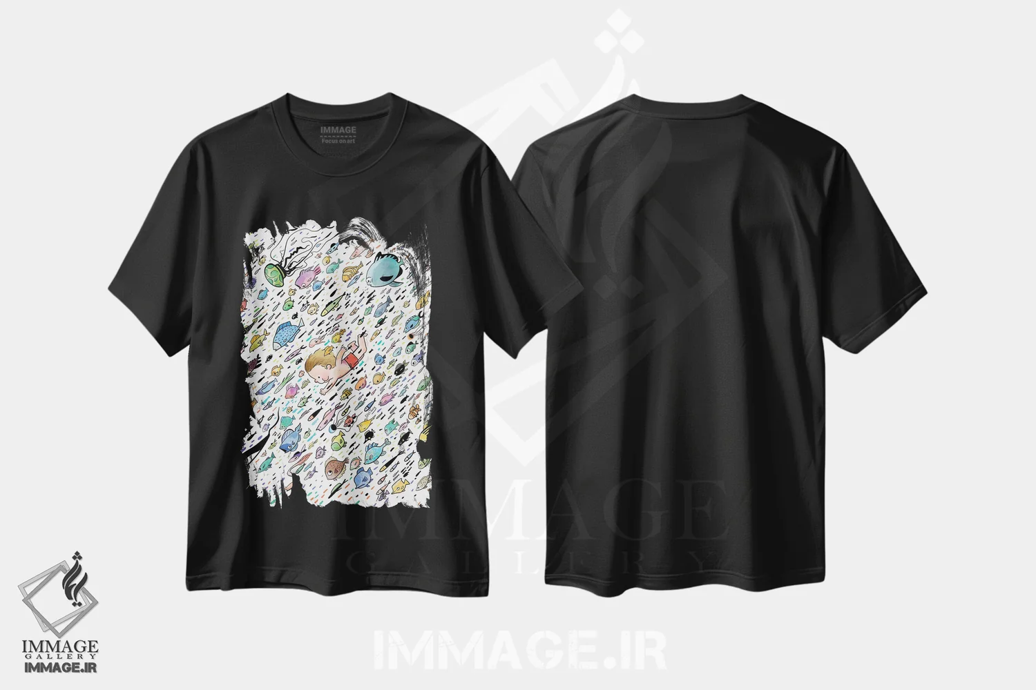 تیشرت مشکی طرح دار ماهی و دوستش، هنر دیجیتال اثر دن تاویس | فروشگاه ایماژ