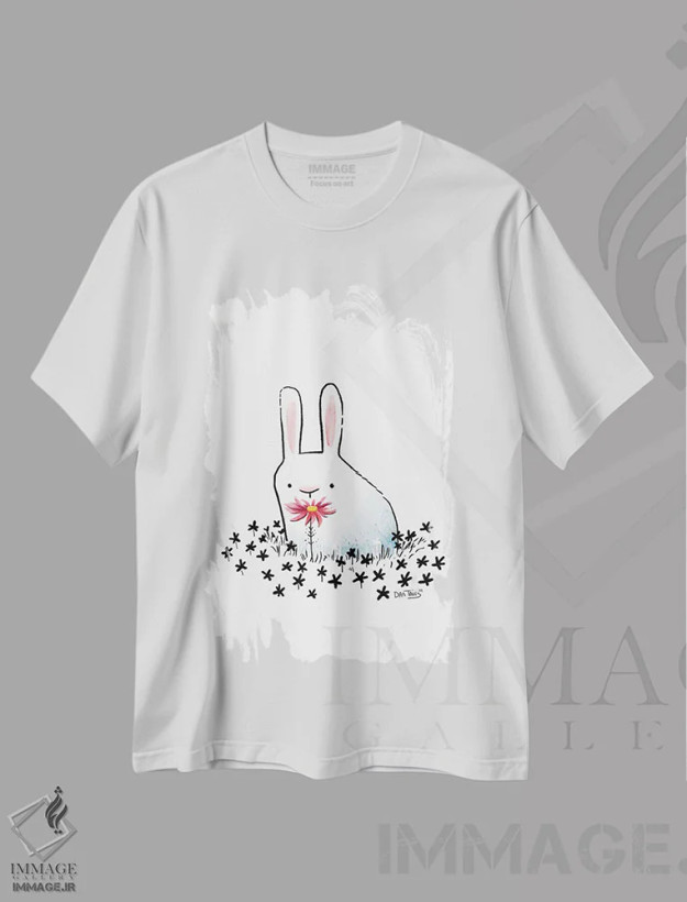 تیشرت سفید طرح دار خرگوش و گل، مدیوم اثر دن تاویس | فروشگاه ایماژ