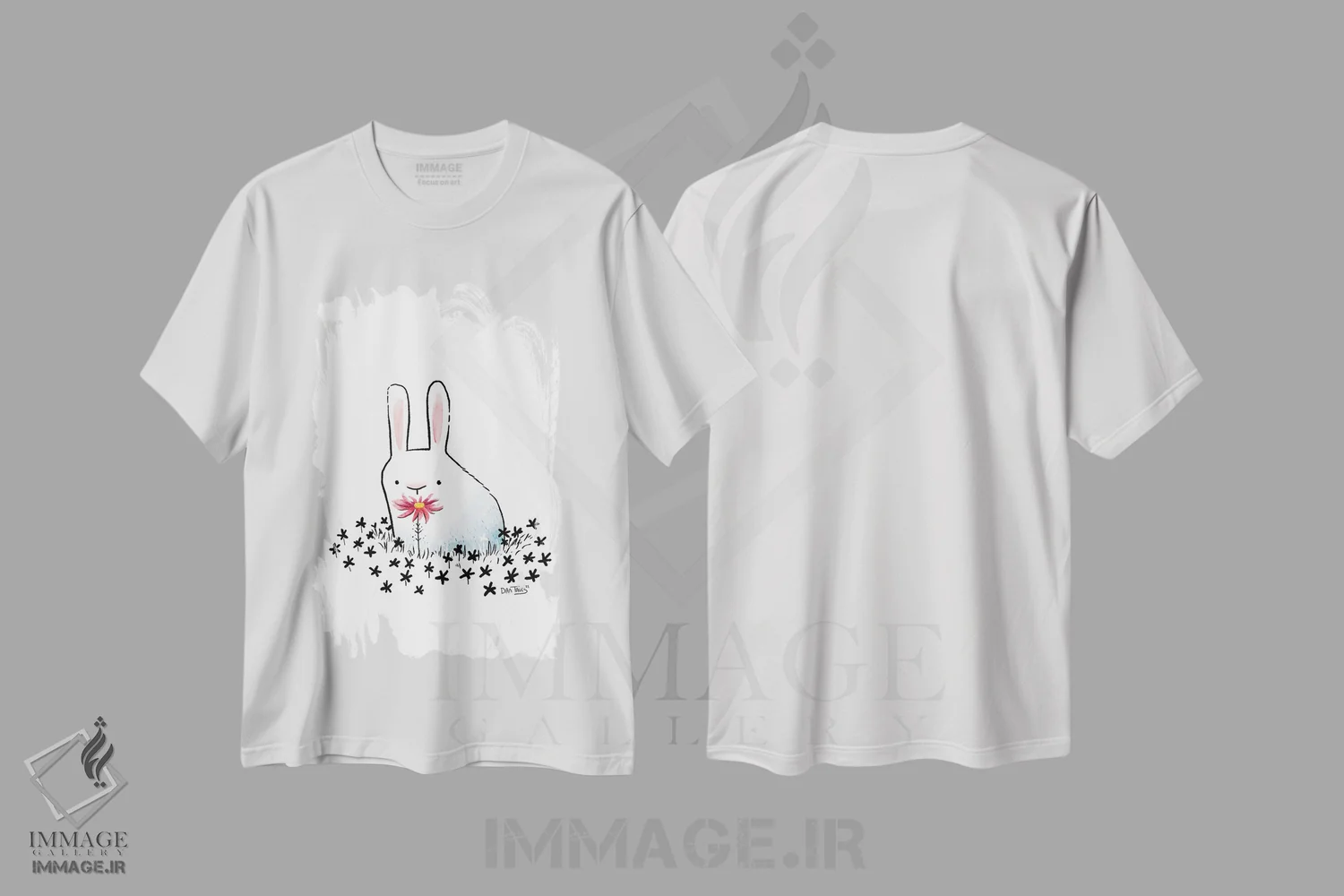 تیشرت سفید طرح دار خرگوش و گل، مدیوم اثر دن تاویس | فروشگاه ایماژ