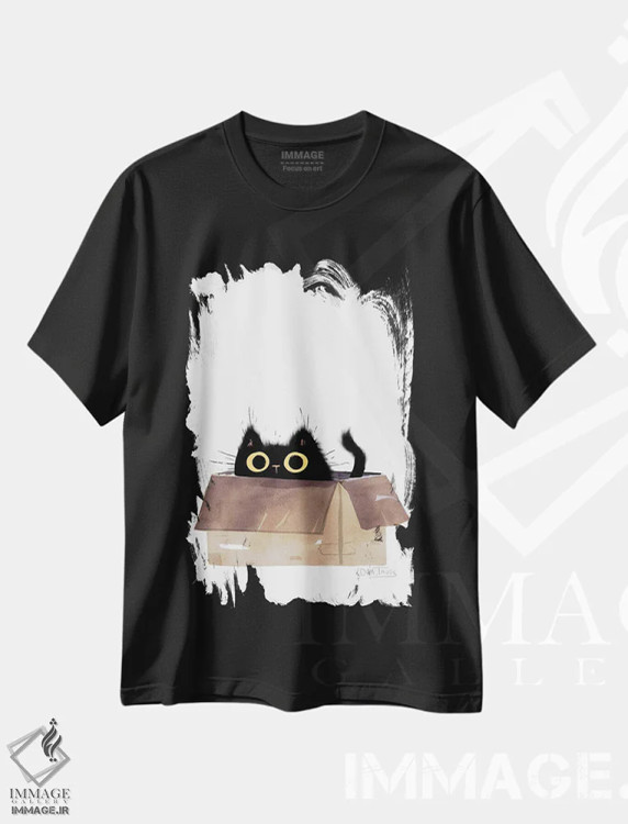 تیشرت مشکی طرح دار گربه سیاه در جعبه، مدیوم اثر دن تاویس | فروشگاه ایماژ