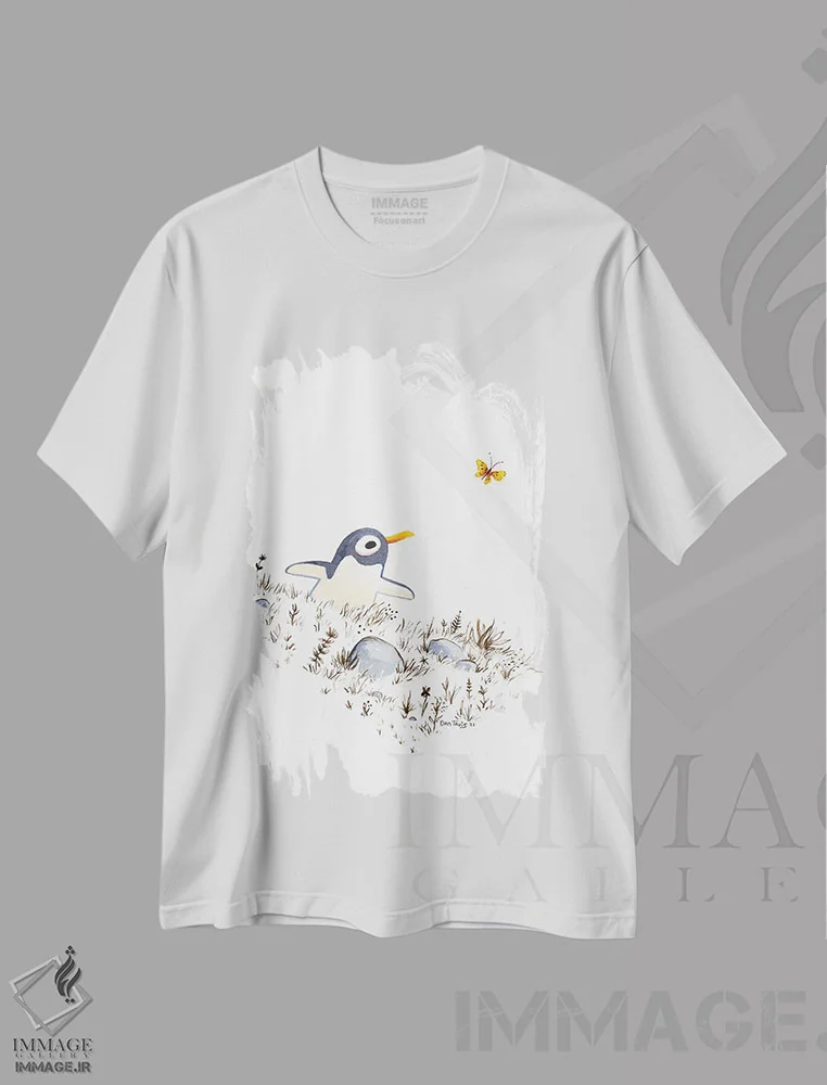 تیشرت سفید طرح دار پنگوئن و پروانه، مدیوم اثر دن تاویس | فروشگاه ایماژ