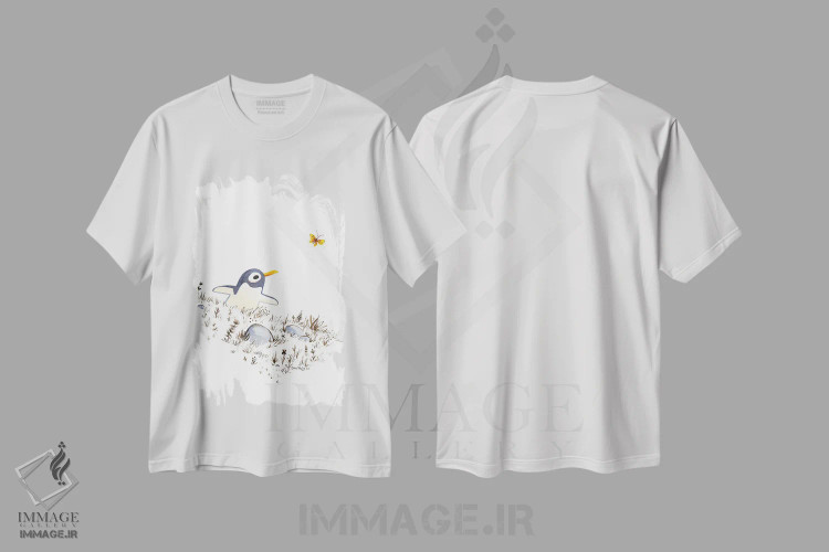 تیشرت سفید طرح دار پنگوئن و پروانه، مدیوم اثر دن تاویس | فروشگاه ایماژ