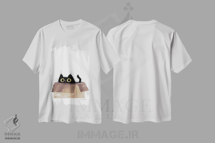تیشرت سفید طرح دار گربه سیاه در جعبه، مدیوم اثر دن تاویس | immage.ir