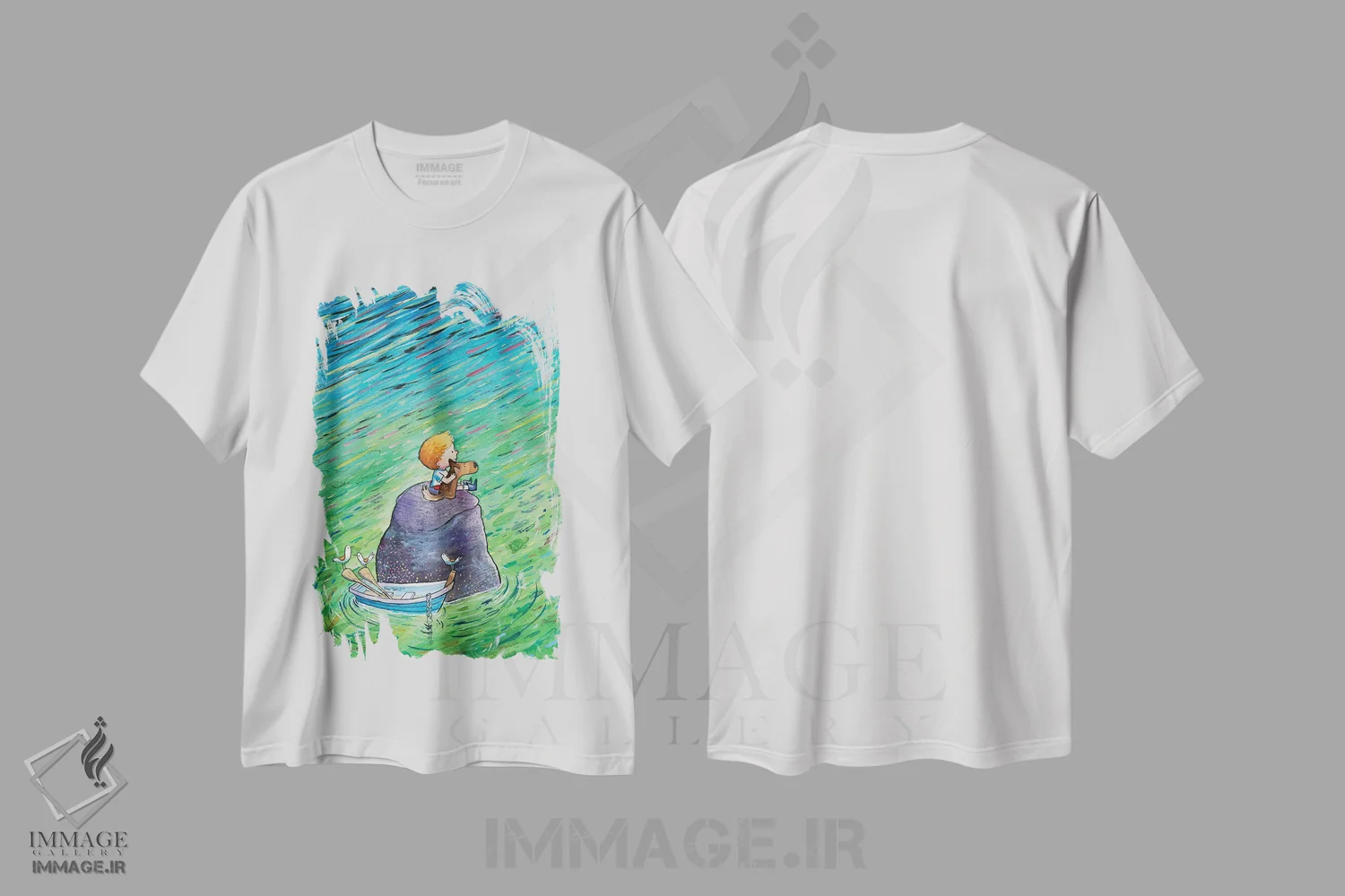 تیشرت سفید طرح دار سگ و بهترین دوستش، مدیوم اثر دن تاویس | فروشگاه ایماژ