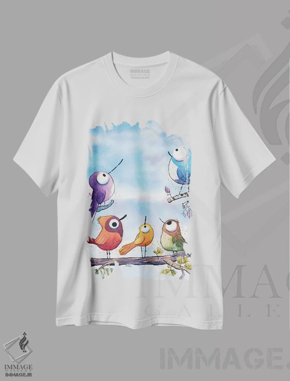 تیشرت سفید طرح دار همه جا پرنده است، مدیوم اثر دن تاویس | فروشگاه ایماژ