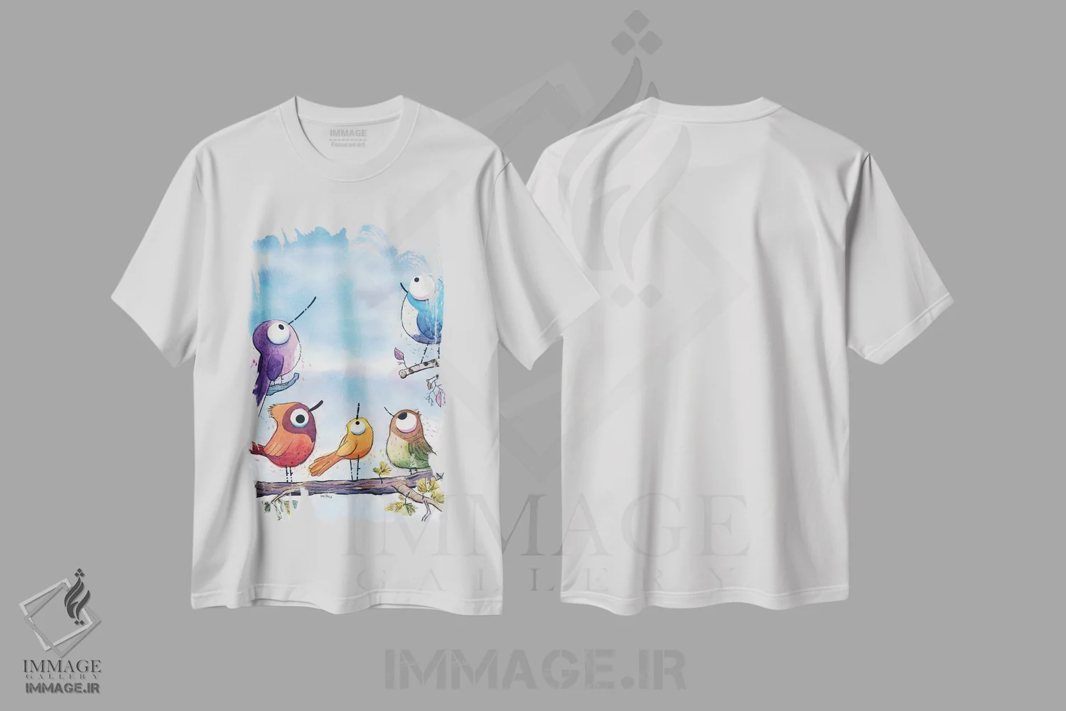 تیشرت سفید طرح دار همه جا پرنده است، مدیوم اثر دن تاویس | فروشگاه ایماژ
