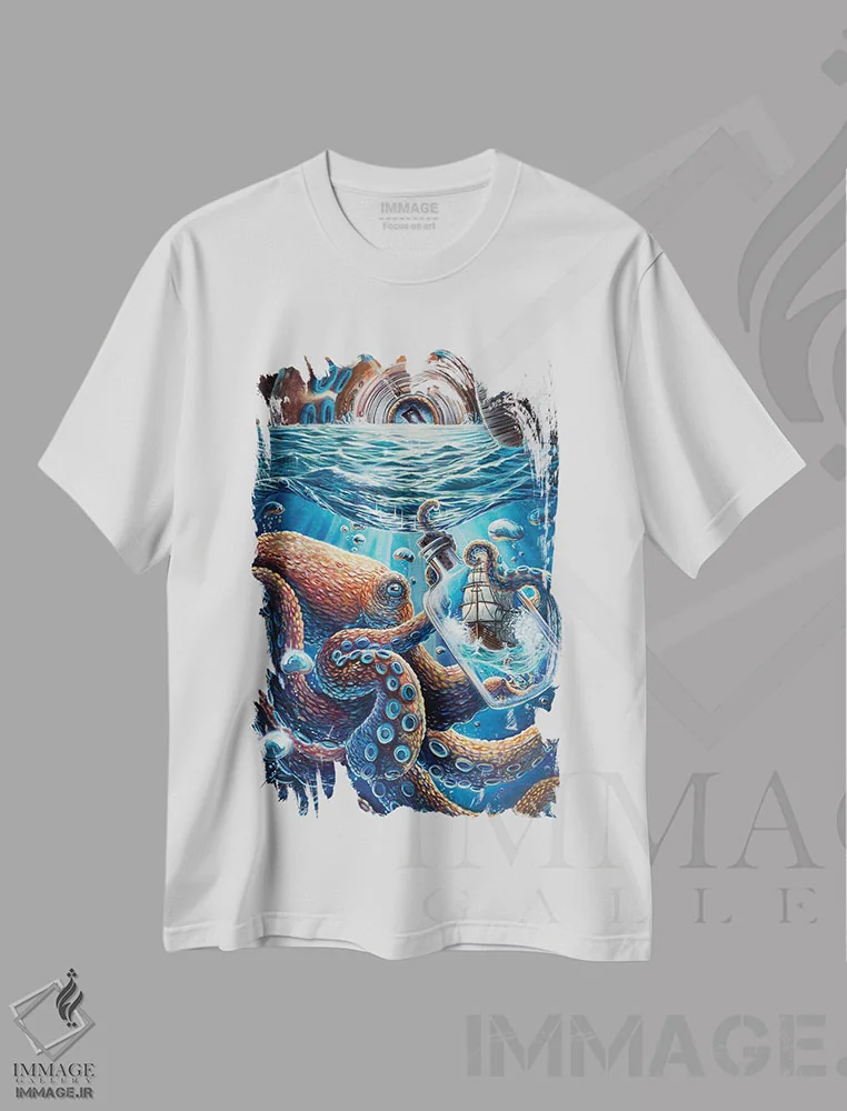 تیشرت سفید طرح دار ابعاد زندگی دریایی، هنر فاخر معاصر اثر دکوتا دیت ویلر | immage.ir