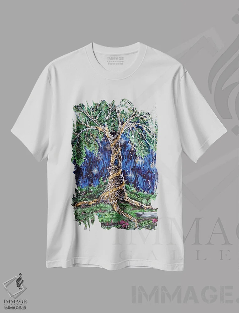 تیشرت سفید طرح دار درخت خیزش ققنوس، هنر فاخر معاصر اثر دکوتا دیت ویلر | immage.ir