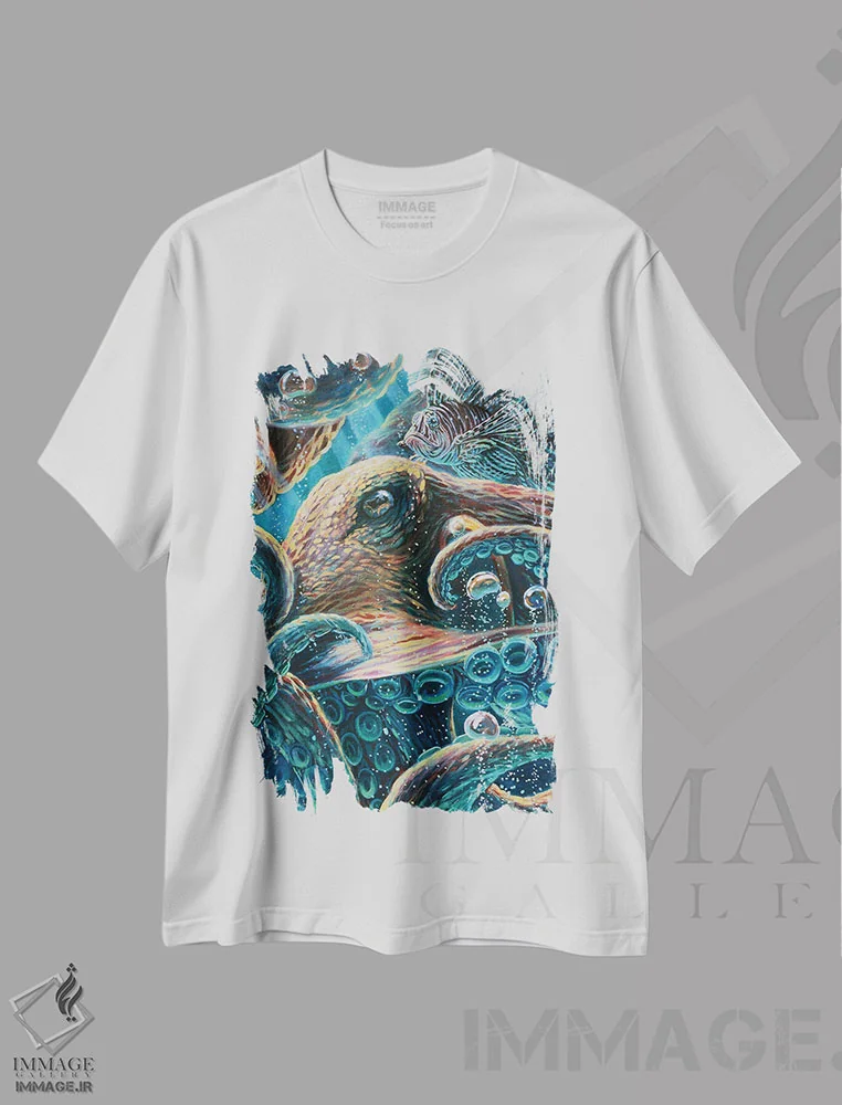 تیشرت سفید طرح دار اختاپوس و دوستش، هنر فاخر معاصر اثر دکوتا دیت ویلر | فروشگاه ایماژ