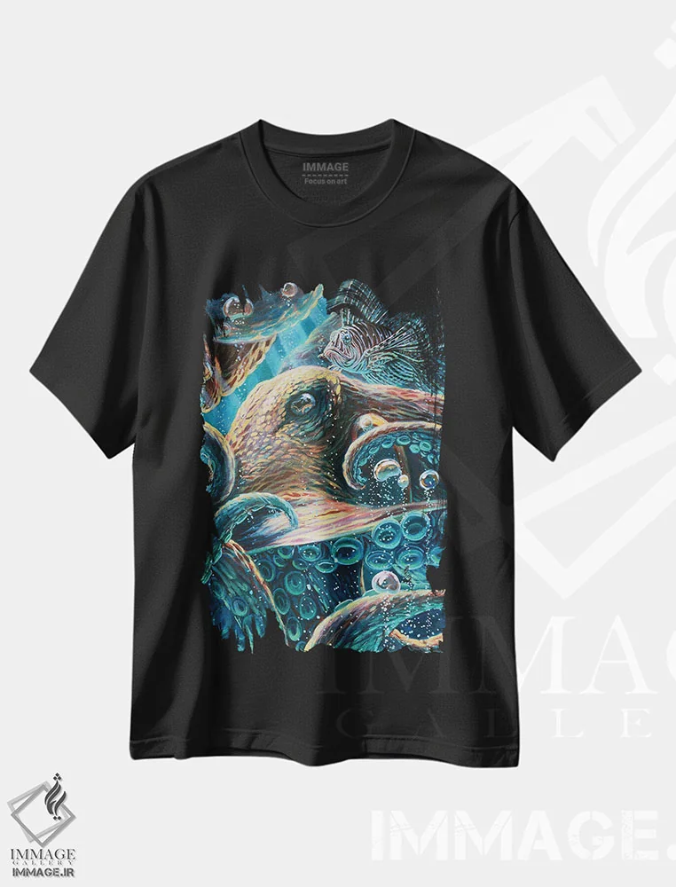 تیشرت مشکی طرح دار اختاپوس و دوستش، هنر فاخر معاصر اثر دکوتا دیت ویلر | immage.ir