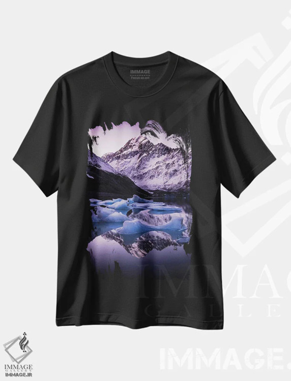 تیشرت مشکی طرح دار دریاچه یخچال هوکر، نیوزیلند، مدیوم اثر دایسوکه اوئه ماتسو | فروشگاه ایماژ