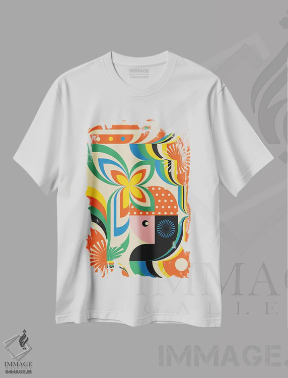 تیشرت سفید طرح دار دختر گل شاد، آبستره اثر جن دو | immage.ir