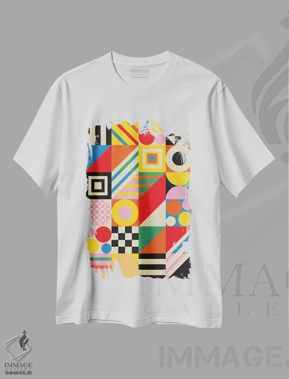 تیشرت سفید طرح دار ترکیب هندسی شاد اثر جن دو | فروشگاه ایماژ