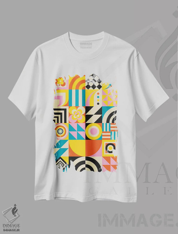 تیشرت سفید طرح دار ترکیب هندسی رنگارنگ اثر جن دو | immage.ir