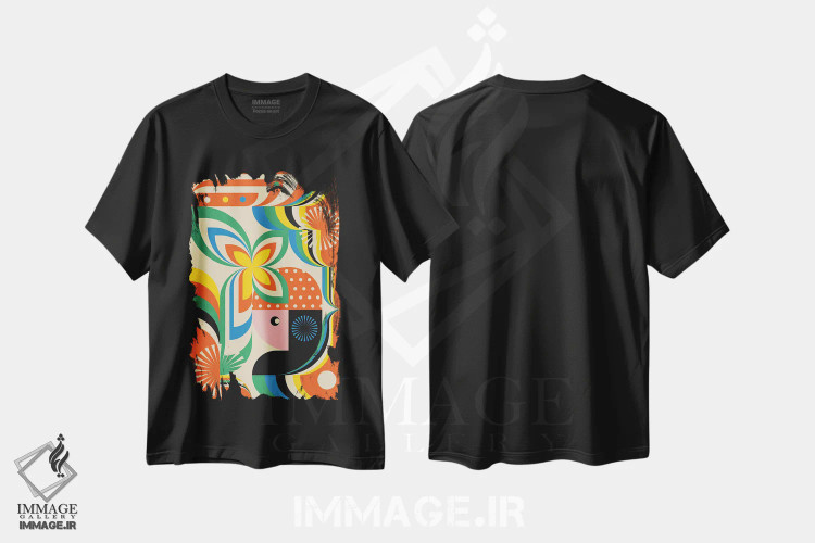 تیشرت مشکی طرح دار دختر گل شاد، آبستره اثر جن دو | فروشگاه ایماژ