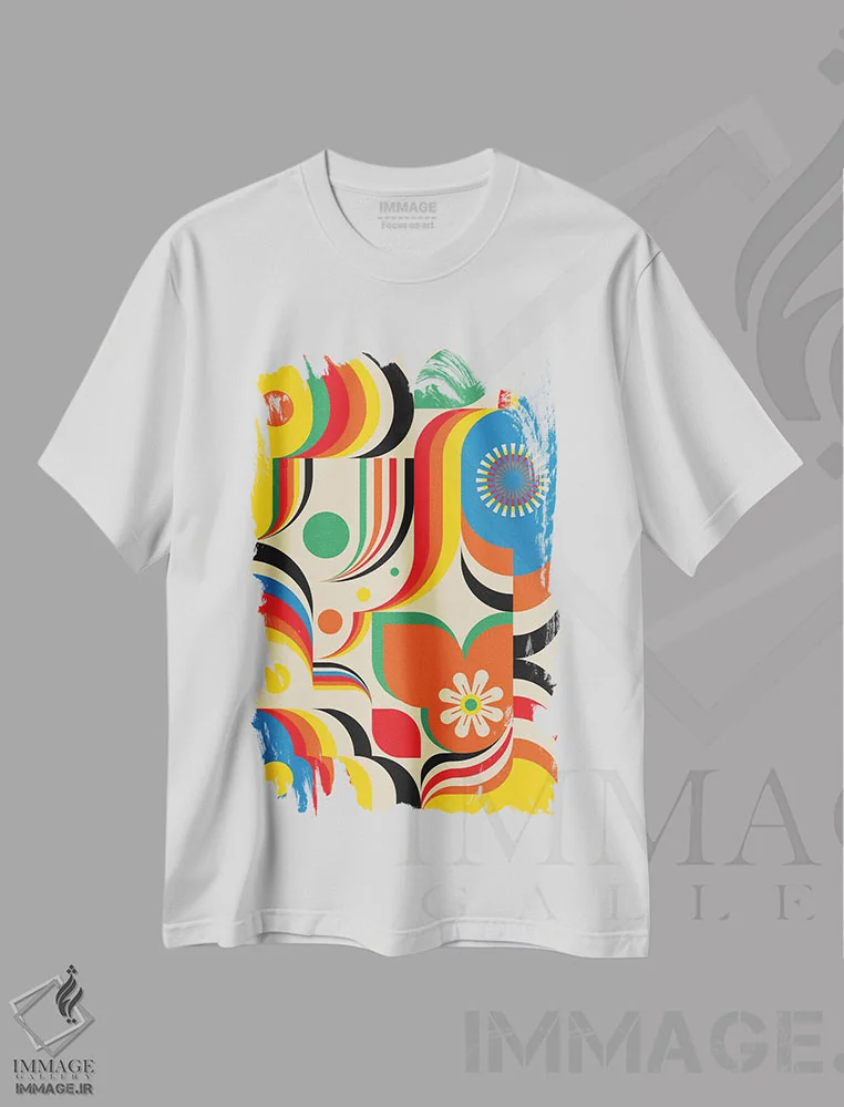 تیشرت سفید طرح دار سرزمین شاد، آبستره اثر جن دو | فروشگاه ایماژ