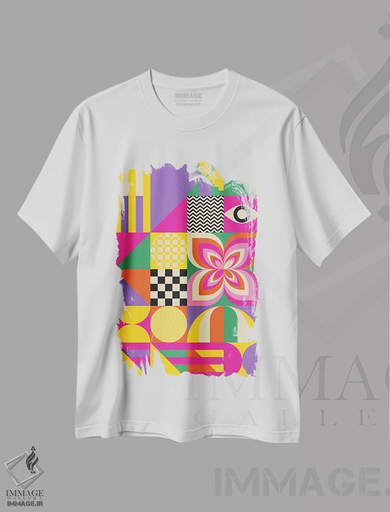 تیشرت سفید طرح دار اشکال هندسی الکترونیکی اثر جن دو | فروشگاه ایماژ