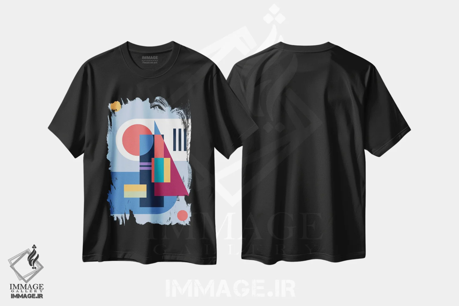 تیشرت مشکی طرح دار شهر کنار دریا، آبستره اثر جن دو | فروشگاه ایماژ