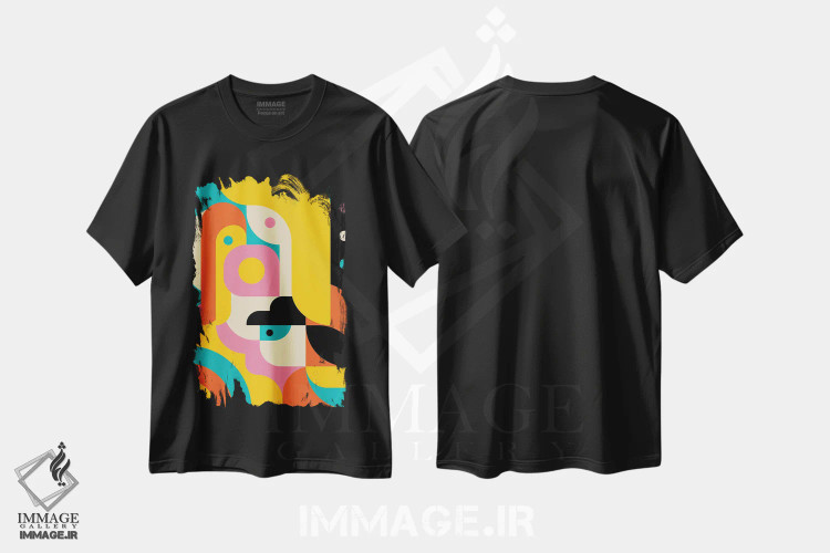 تیشرت مشکی طرح دار شخصیت های خنده دار، آبستره اثر جن دو | immage.ir