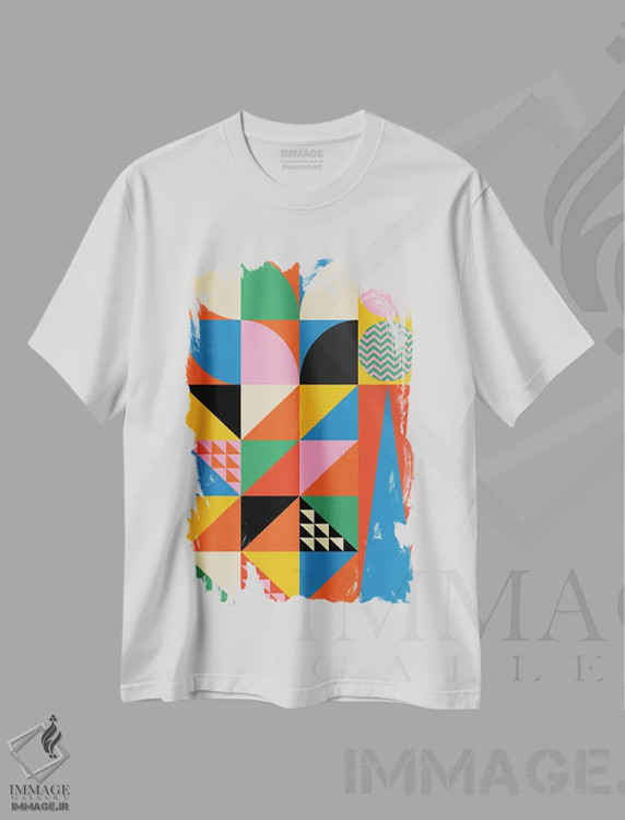 تیشرت سفید طرح دار اشکال هندسی شاد اثر جن دو | فروشگاه ایماژ