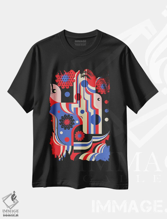 تیشرت مشکی طرح دار دختران در لباس قرمز و آبی، آبستره اثر جن دو | immage.ir