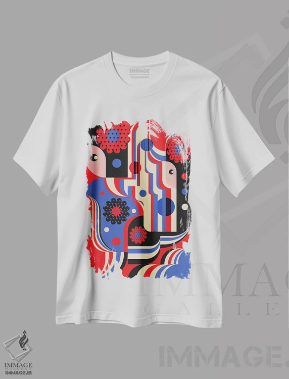 تیشرت سفید طرح دار دختران در لباس قرمز و آبی، آبستره اثر جن دو | فروشگاه ایماژ