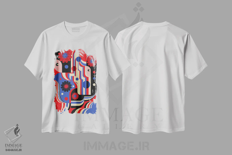 تیشرت سفید طرح دار دختران در لباس قرمز و آبی، آبستره اثر جن دو | فروشگاه ایماژ