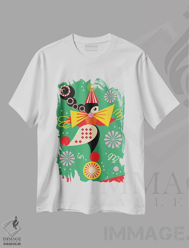 تیشرت سفید طرح دار دختر سیرک، آبستره اثر جن دو | immage.ir