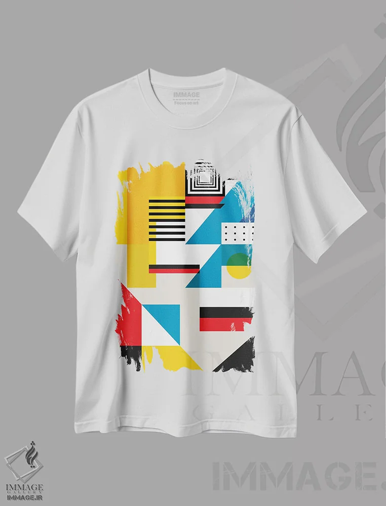 تیشرت سفید طرح دار چشم انداز شهری هندسی، آبستره اثر جن دو | immage.ir