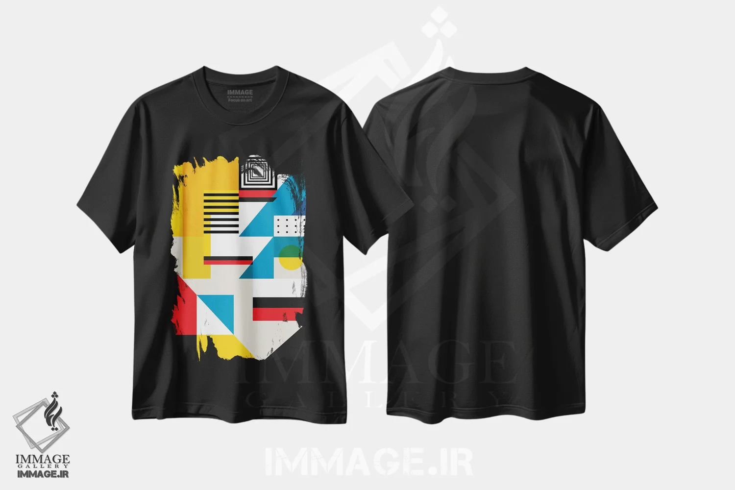تیشرت مشکی طرح دار چشم انداز شهری هندسی، آبستره اثر جن دو | فروشگاه ایماژ