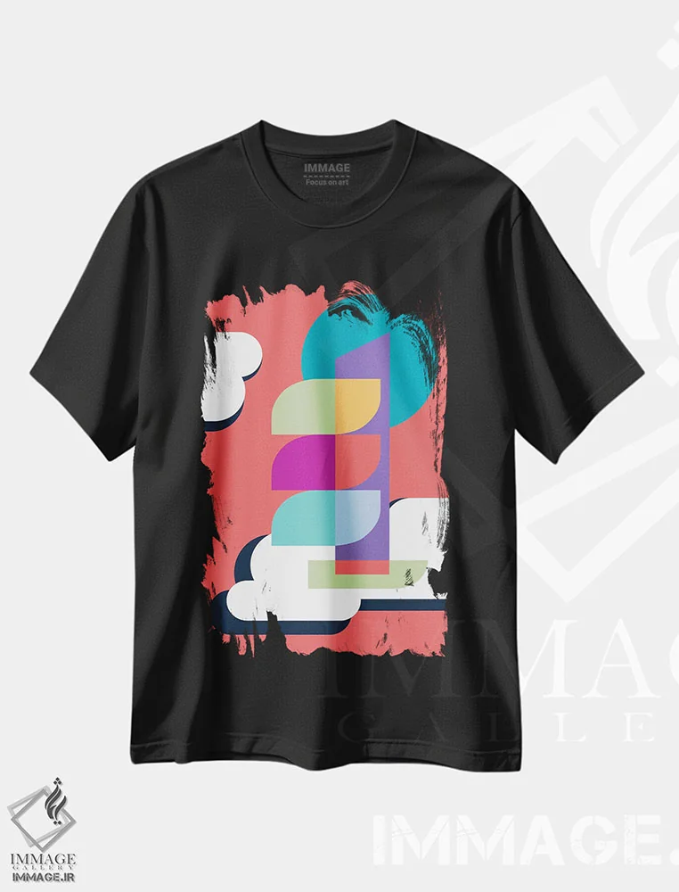 تیشرت مشکی طرح دار شهر در ابرها، آبستره اثر جن دو | فروشگاه ایماژ