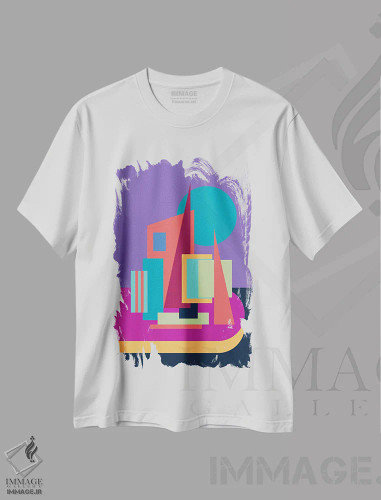 تیشرت سفید طرح دار بندر بنفش، آبستره اثر جن دو | فروشگاه ایماژ