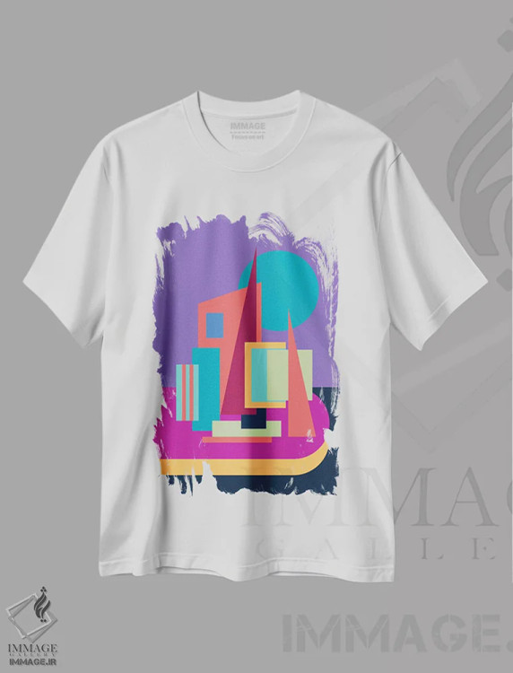 تیشرت سفید طرح دار بندر بنفش، آبستره اثر جن دو | فروشگاه ایماژ