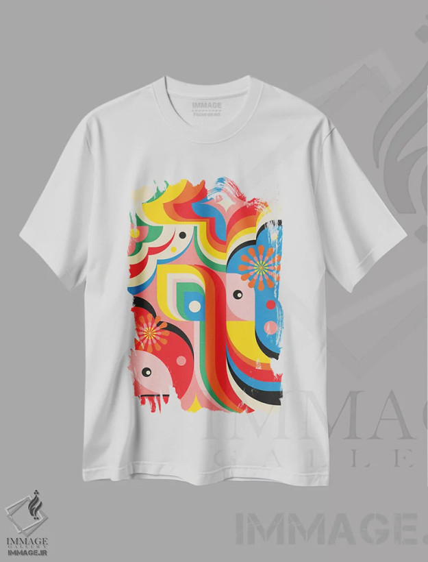 تیشرت سفید طرح دار دختران قرمزپوش، آبستره اثر جن دو | فروشگاه ایماژ