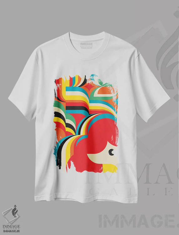 تیشرت سفید طرح دار شخصیت و منظره رنگارنگ، آبستره اثر جن دو | فروشگاه ایماژ
